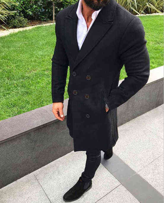 Double-breasted solid color woolen coat for men 211122