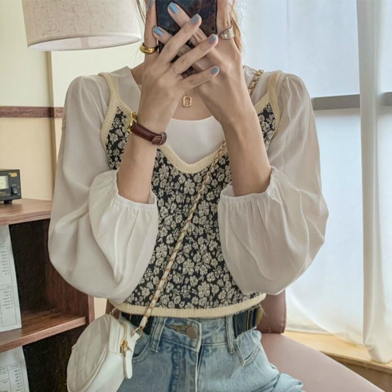 Nomikuma Korean Autumn Women 2pieces Blouse Sets Long Sleeve O-neck Causal Pullover Shirt + Floral Sling Vest New 6D279 210427
