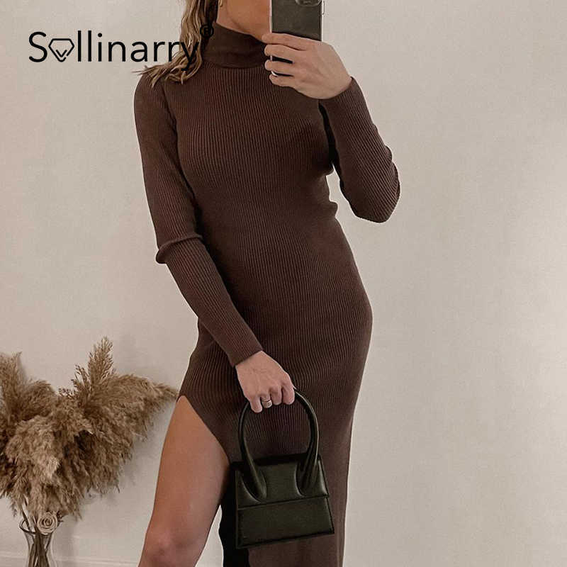 Sollinarry High street turtleneck sheath split knitted dress women Elegant long sleeves solid dresses Female office slim vestido 210709