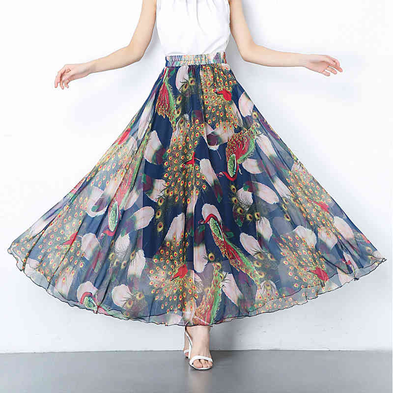 Summer High Waist A- Line Skirt Slim Fit Large Size Printed Chiffon Bohemian Holiday Big Swing 8826 50 210427