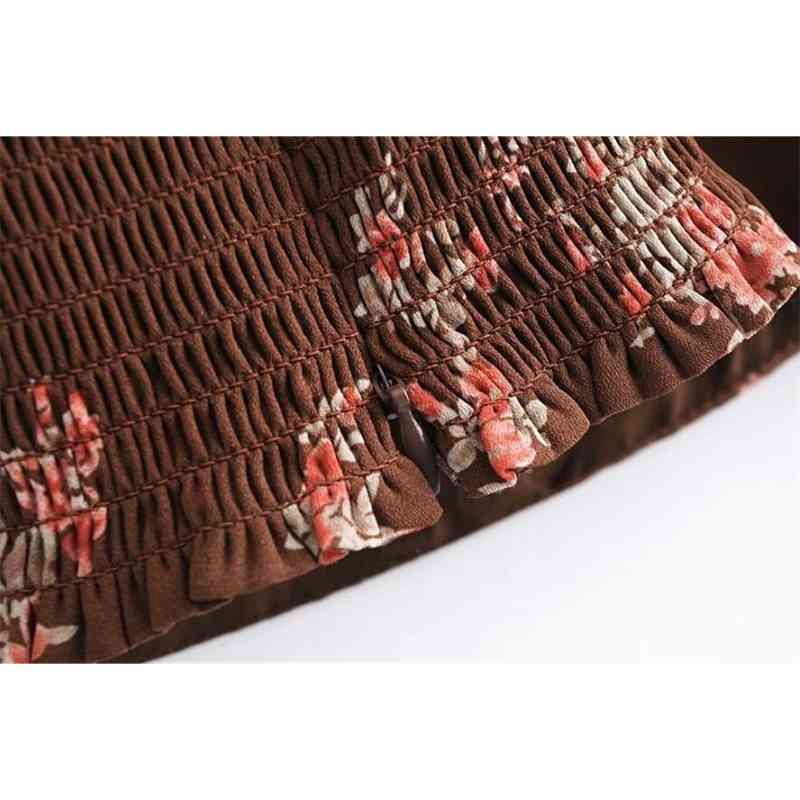 Summer France Tie Bow Strap Coffee Floral Print Camis Women Retro Girl Sexy Back Elastic Ruched Slim Crop Top Short Tees 210429
