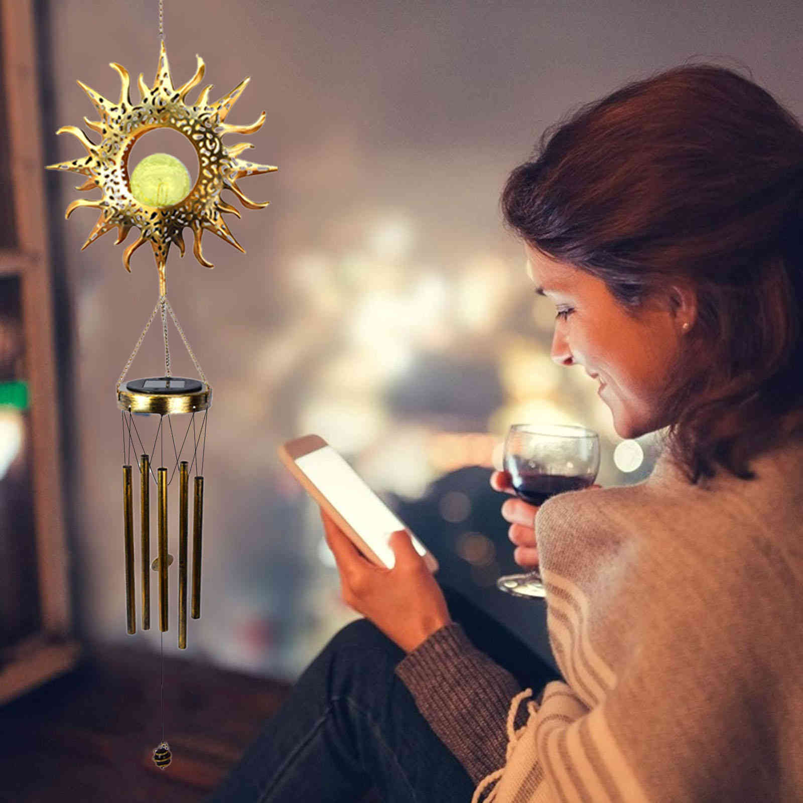 Sun moon wind chimney creative luminous metal ornaments veranda dripping wind chimes hanging decorations present 2021