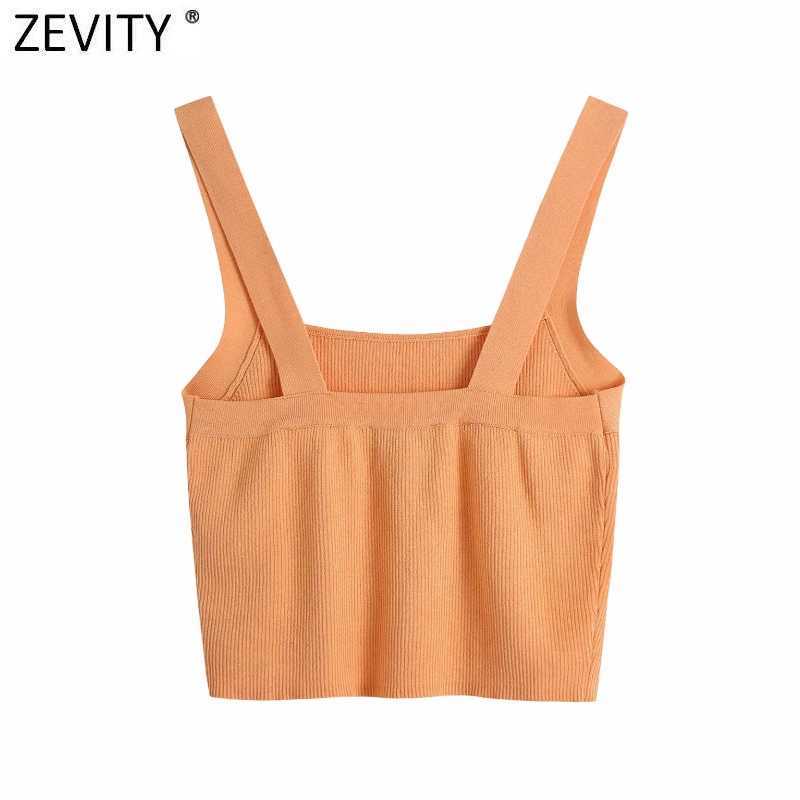 Zevity Women Spaghetti Strap Orange Color Chic Camis Tank Lady Summer Back Lower Knitting Short Sling Vest Crop Tops LS9177 210625