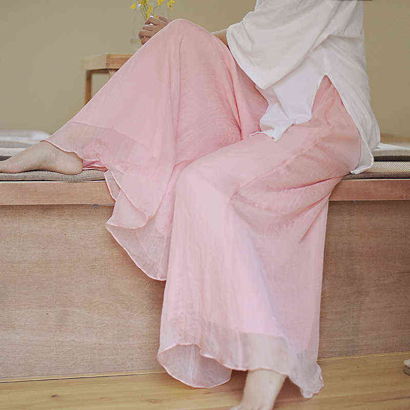 Women Elegant Solid Cotton Pants Korean Summer Retro High Waist Two Layer Wide Leg Pant Long Boho Trousers Female C- 071 211115