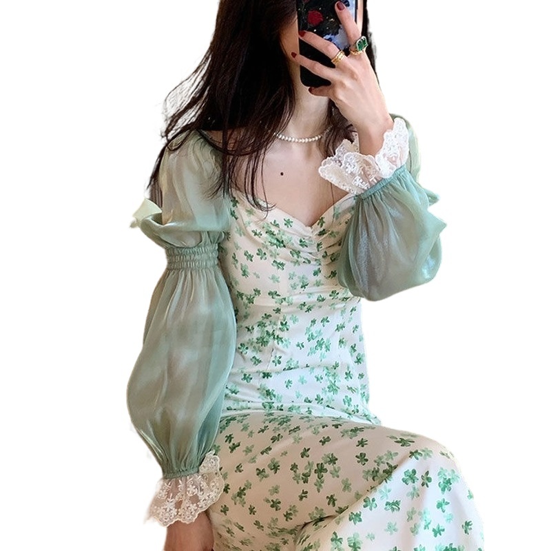Summer Chiffon Lace Floral Dress Women Green Puff Sleeve Vintage Midi Dress Elegant Evening Party Dress Korean 210521