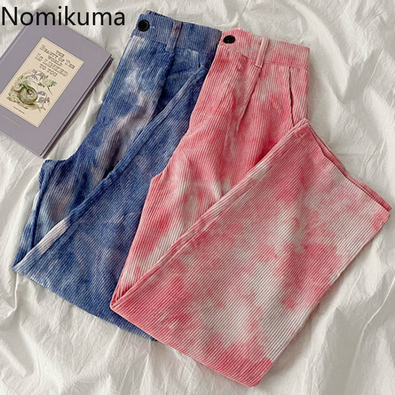 Nomikuma Corduroy Causal Women Pants Korean Tie Dye Printed Long Trousers Spring Autumn New Wide Leg Pants Mujer 6E101 210427