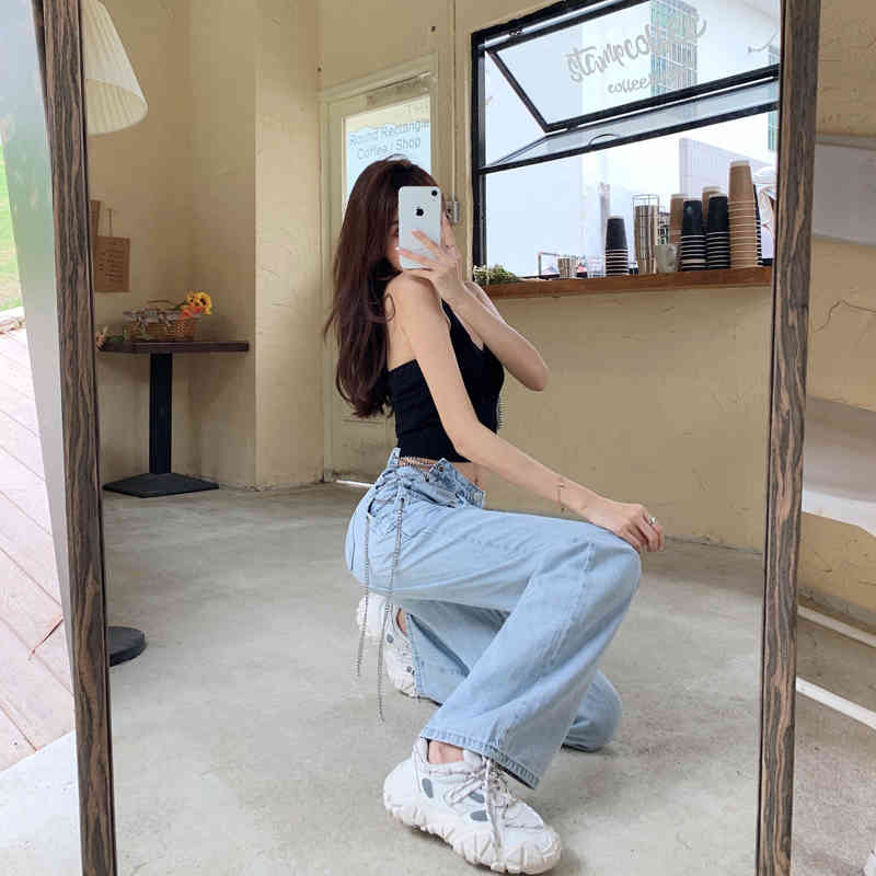 Spring Casual Jeans Woman Long Trousers Cowboy Female Loose Streetwear Hollow Out High Waist Pants ZA5824 210427