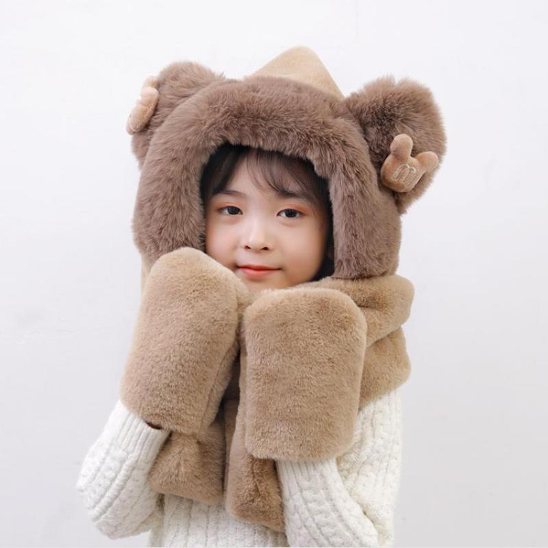 Beanies 2021 Kids 3 In 1 Warm Plush Winter Hat Cute Bear Ears Scarf Gloves Hoodie Cap Casual Korea Girls Boys Caps Gift Bufanda Bebe 
Beanies 2021 Kids 3 In 1 Warm Plush Winter Hat Cute Bear Ears Scarf Gloves Hoodie Cap Casual Korea Girls Boys Caps Gift Bufanda Bebe