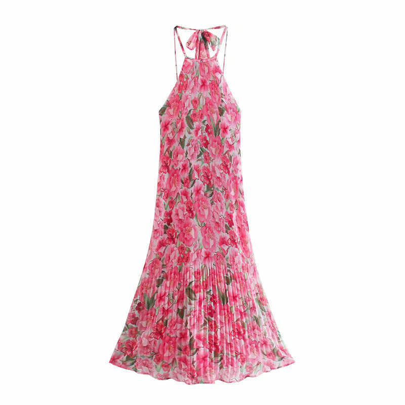 Sweet Woman Pink Halter Print Long Dress Summer Ladies Backless Beach Dresses Female Stretchy Flower Neck-mounted Dress 210630