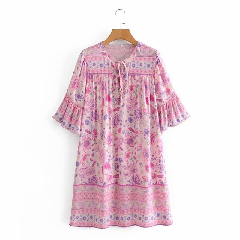 Causal Women Print Loose Cotton Dress Fashion Ladies Bow Tassels Vestidos Boho Female Chic Flare Sleeve Dresses 210430