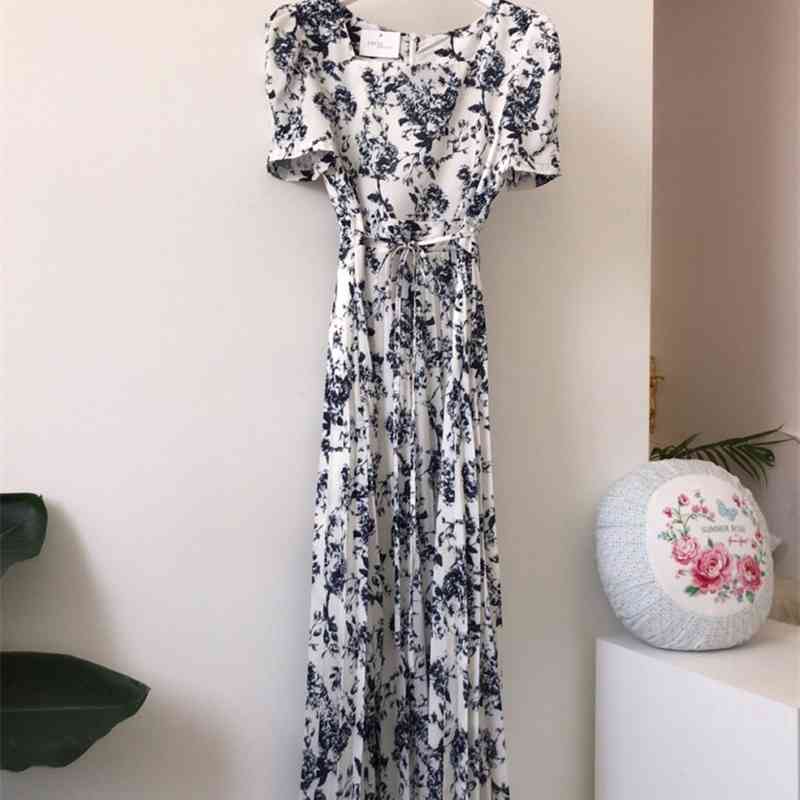 Summer Women Elegant Vintage Square Collar Print Lace-up Slim Dress Lady Casual Chic Short Sleeve Pleated Bandage Dresses 210506