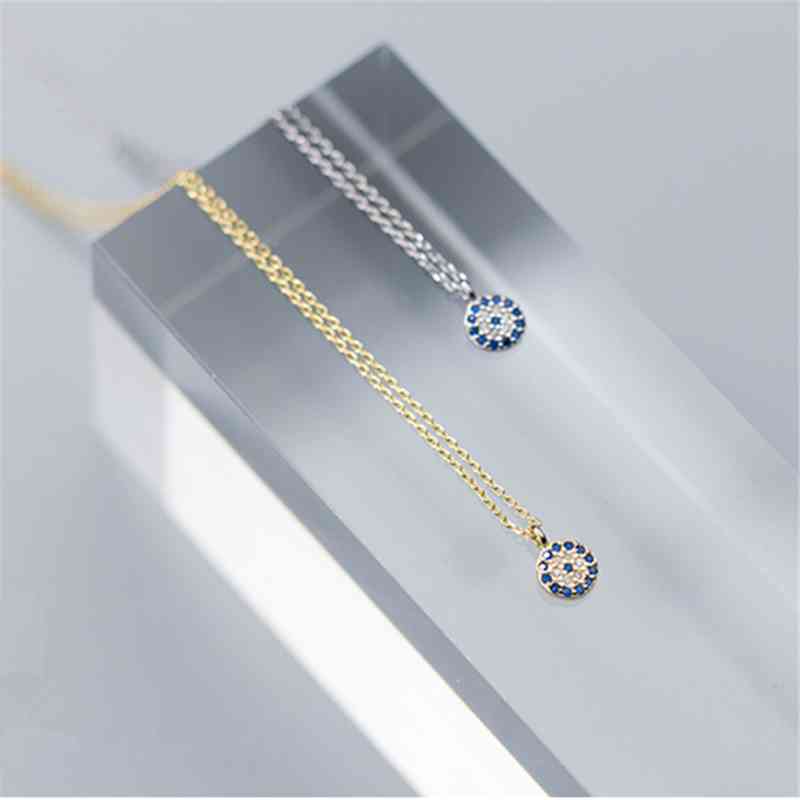 WANTME Fashion Round Geometric Blue Evil Eyes Pendant Necklace For Women Genuine 100% 925 Sterling Silver Office Party Jewelry 210507