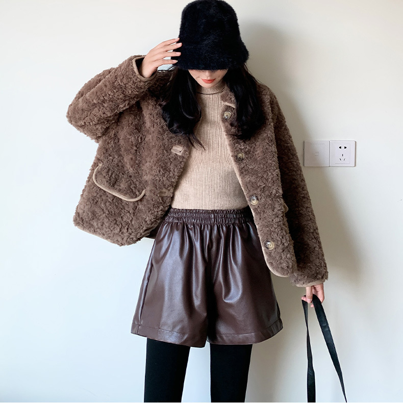 Nomikuma PU Leather Women Shorts Causal Solid Stretch High Waist Bottom Spring New Wide Leg Short Feminimos 6E047 210427