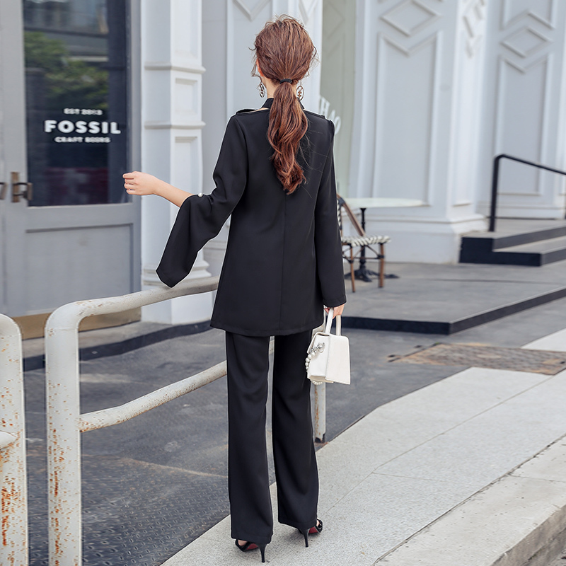 Fall Women Black 2 Piece Set Sexy Blouse + Higt Wiast Wide Leg Pants Suit Korean Style Slim temperament Office Lady 210506