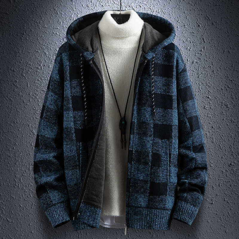 Winter Thick Cardigan Men's Sweater Zipper Striped Hooded Fashion Warm Slim fit Knitted Sweater Male Fleece Hoodies Coats men 211008