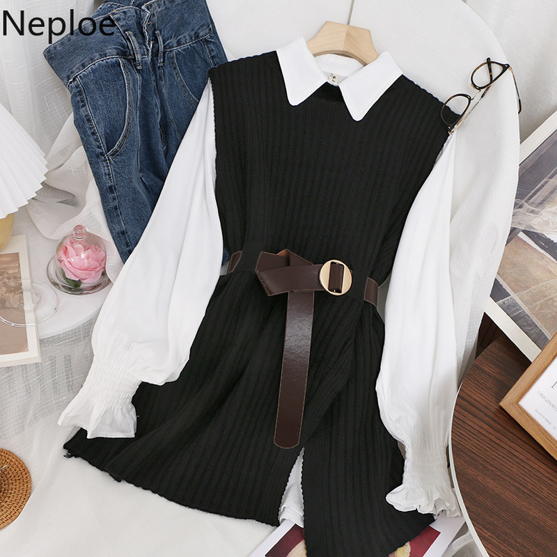 Neploe Korean Chic Suit Two Piece Outfits Women Fall Clothes White Shirt Tops Knit Bandage Sweater Vest Femme Roupas 2 Piece Set 210422