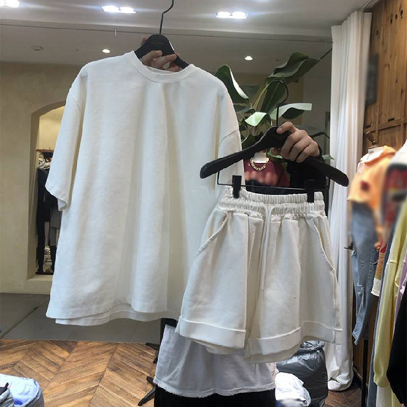 Nomikuma Spring Summer 2pieces Sets Short Sleeve O-neck Causal T Shirts + Lace Up High Waist Shorts Korean Outfits 6F864 210427