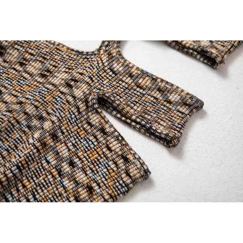 Vintage Hollow Out Hole Waist Bodycon Mid-calf Sexy Dress Retro Women Turtleneck Stretch Split Knitting Long Sleeve Dresses 210429