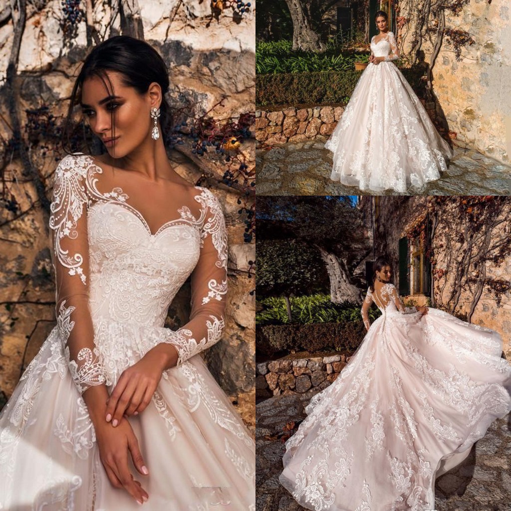 Modest Elegant Plus Size A-Line Wedding Dress Bridal Gowns Lace Sweetheart Long Illusion Sleeves Sweep Train Formal Dresses vestidos de novia Custom M
