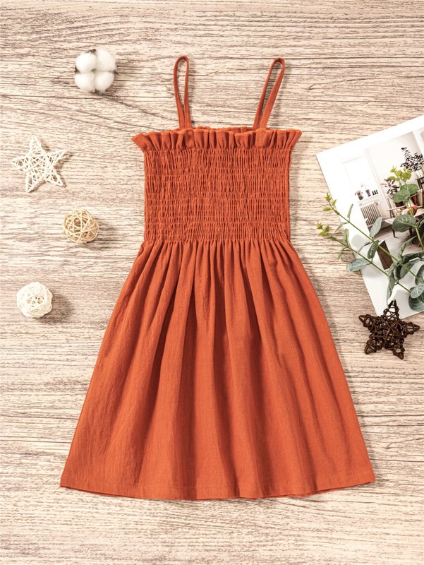 Toddler Girls Shirred Button Front Ruffle Trim Cami Dress SHE