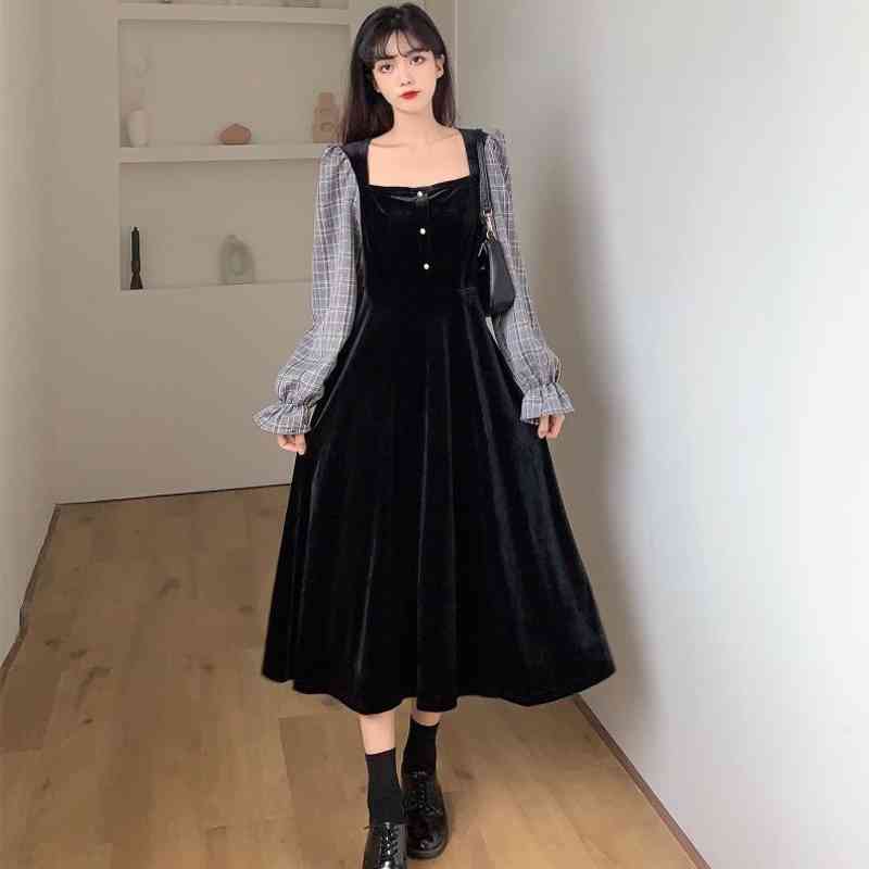 Button Plaid Square Collar Cosplay Dress Patchwork Velvet Full Sleeve Ladies es Spring Lolita style Women Long 210521
Button Plaid Square Collar Cosplay Dress Patchwork Velvet Full Sleeve Ladies es Spring Lolita style Women Long 210521