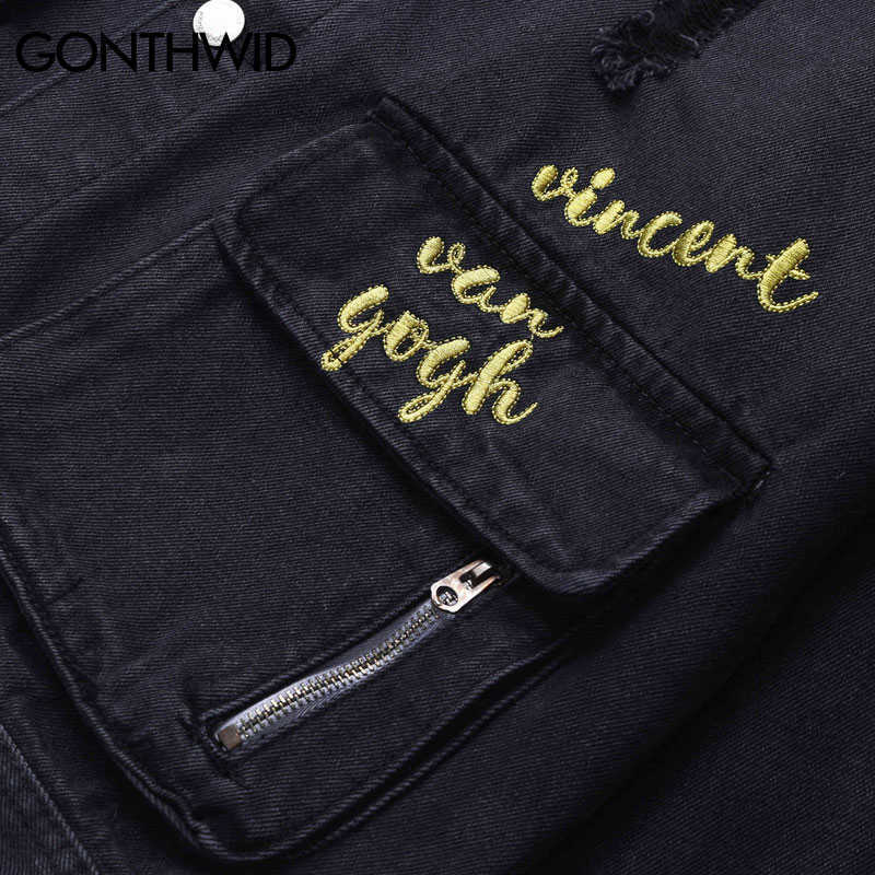 GONTHWID Multi Pockets Van Gogh Starry Night Embroidery Print Distressed Destroyed Denim Jean Jackets Coats Hip Hop Streetwear 210820