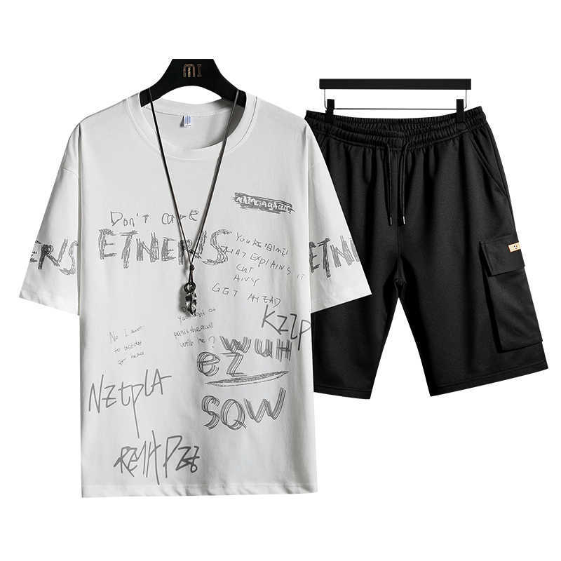 Tracksuit Men Sets Summer 2 Pieces Sportswear Set Gym Fitness Sport Shorts Casual Letter Printing Sweat Suit White 4XL 210603
