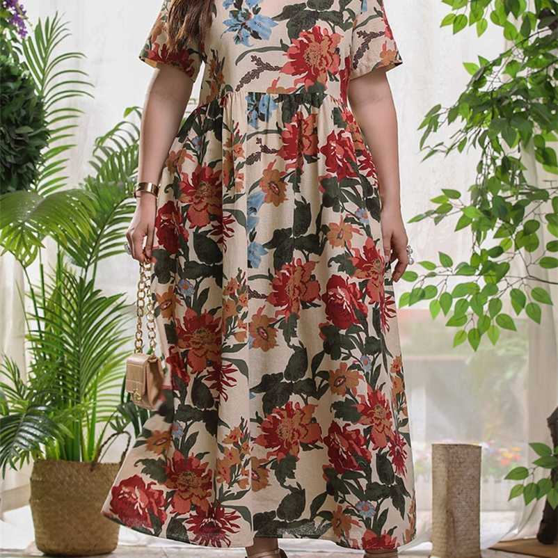 Summer Long Dress Women Cotton And Linen O Neck Short Sleeve Floral Print Casual Plus Size Clothing 211029, Beige
Summer Long Dress Women Cotton And Linen O Neck Short Sleeve Floral Print Casual Plus Size Clothing 211029, Beige