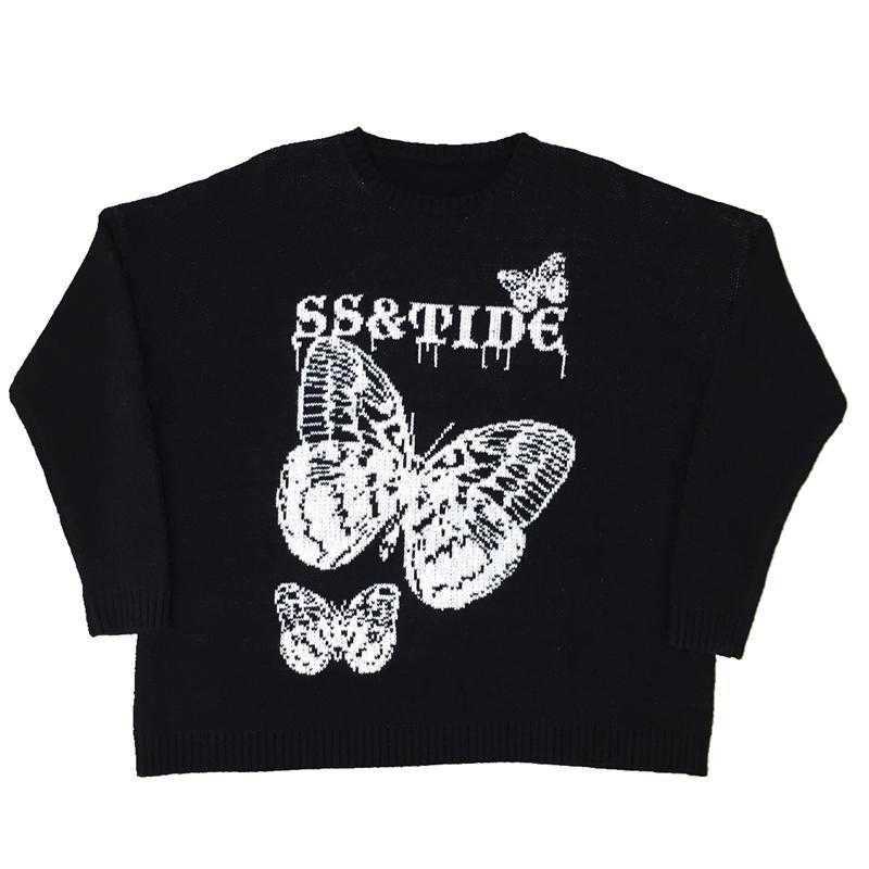 Korean Clothes Round Neck Pullover Harajuku Sweater Men High Street Butterfly Letter Jacquard Retro Loose Couple Clothing 211018