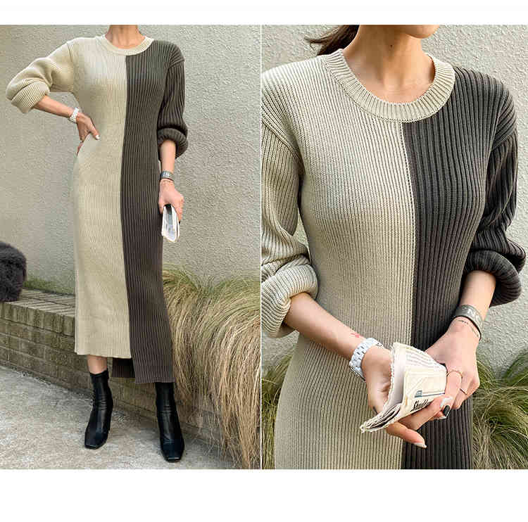 Korea Autumn Winter Women Hit Color Patchwork Long Sleeve Knit Sweater Maxi Dresses Female Clothes Robe Vestidos 210519
