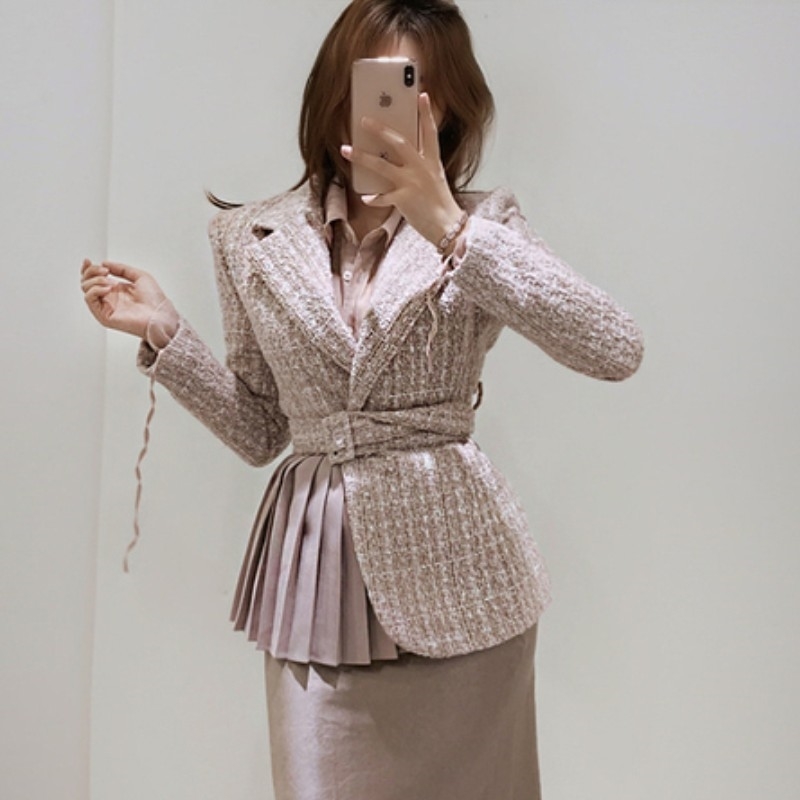 Autumn Winter Elegant Turn Down Collar Tweed Blazer Korean Women Slim Plaid Woolen Patchwork Pleated Outerwear Female With Belt 210519