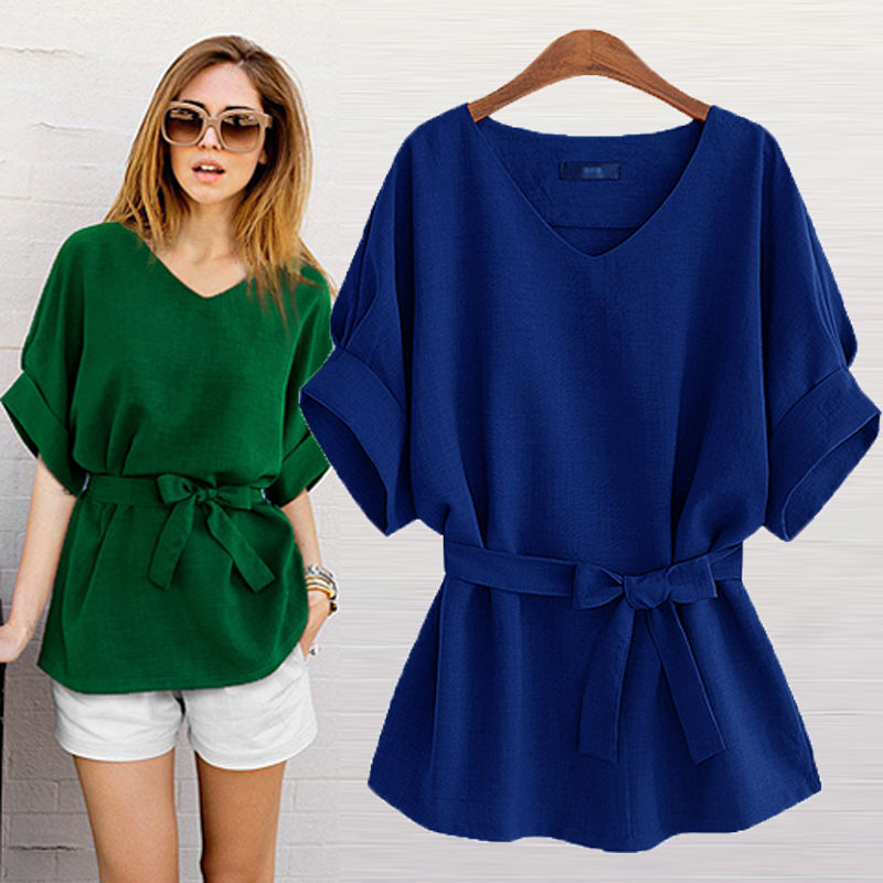 Women Spring Summer Style Blouses Shirt Lady Casual Short Sleeve V-Neck Solid With Leather Belt Women's Loose Tops DF3528 210317