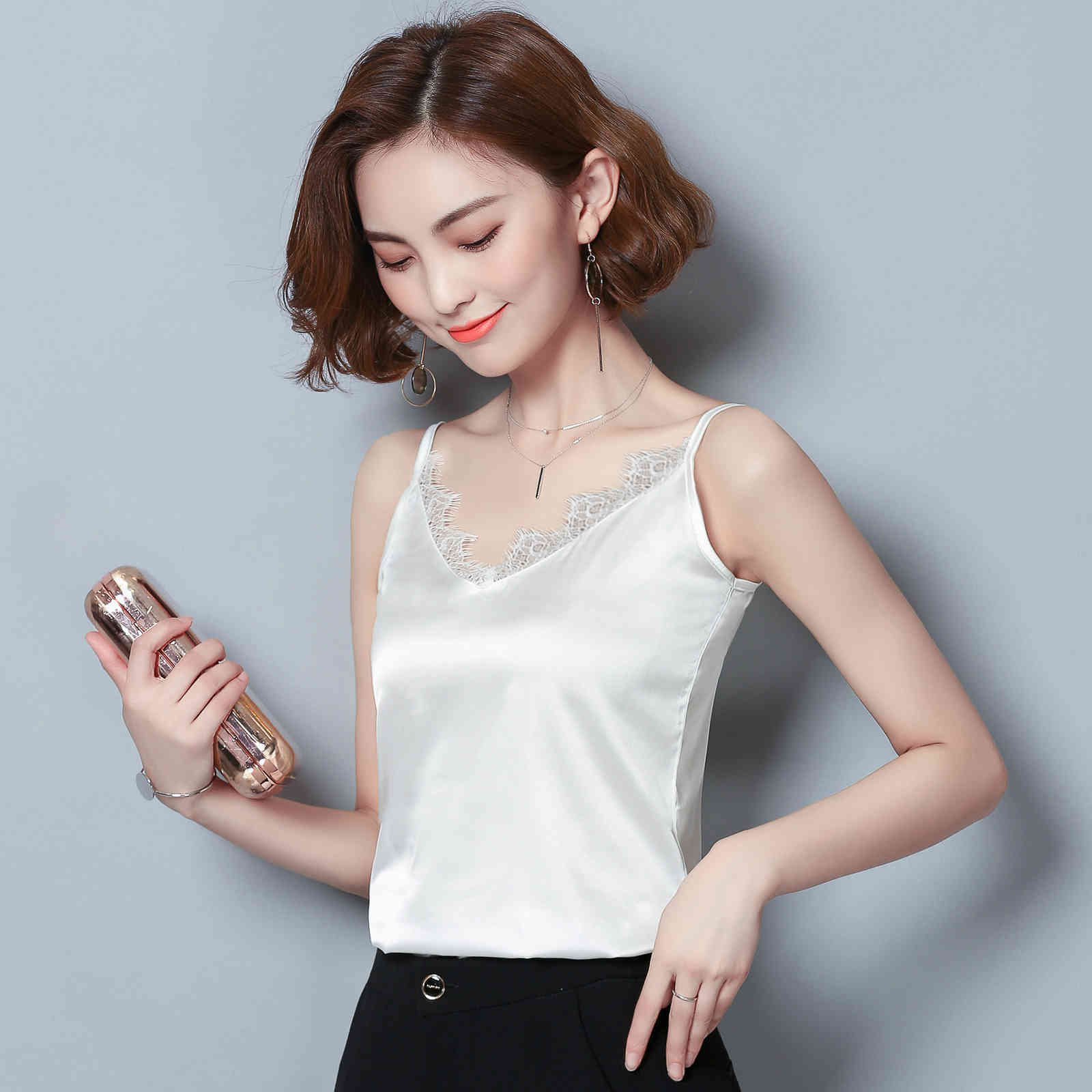 Fashion Sexy Lace Chiffon Women Camis Vest Slim V Collar Black Green Tank Sleeveless Female Blusa 0628 40 210506