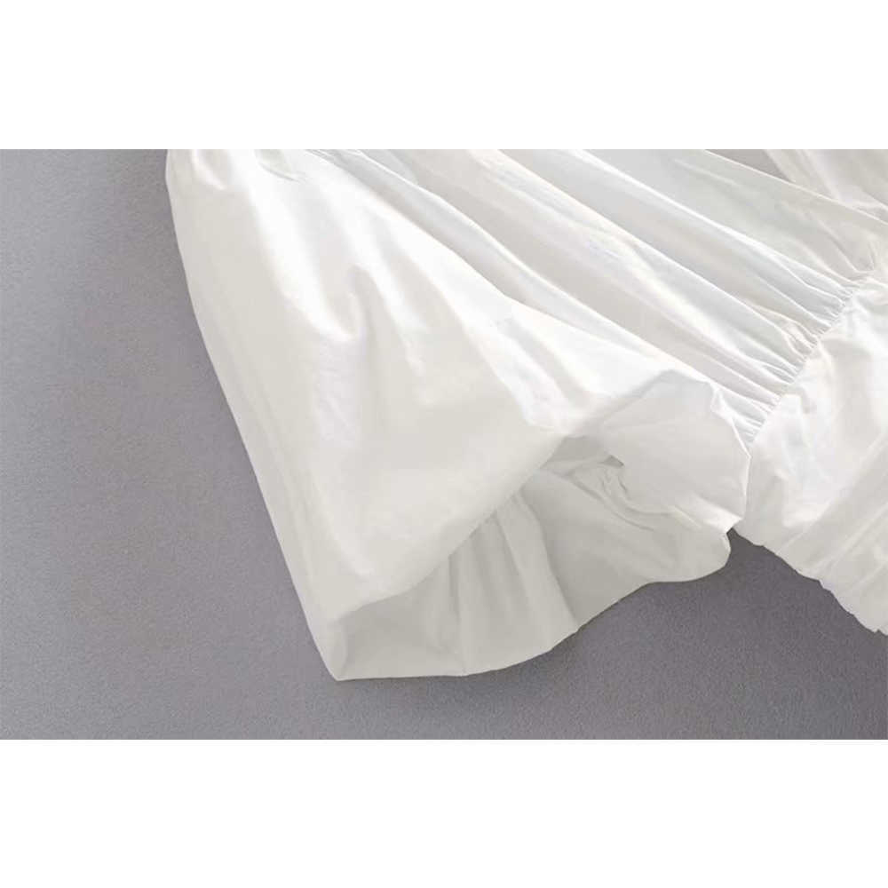 Summer Women Dress V-neck Puff Sleeves Elastic Waist elegant Casual Fashion Chic Lady Woman Pleated Short Dress 210709