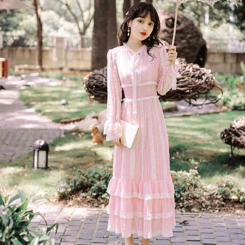 Fashion Autumn Patchwork Pink Women Dress Ladies Flare Sleeve Bow Collar High Waist Layer Cake Ruffles Midi Dress 210515
