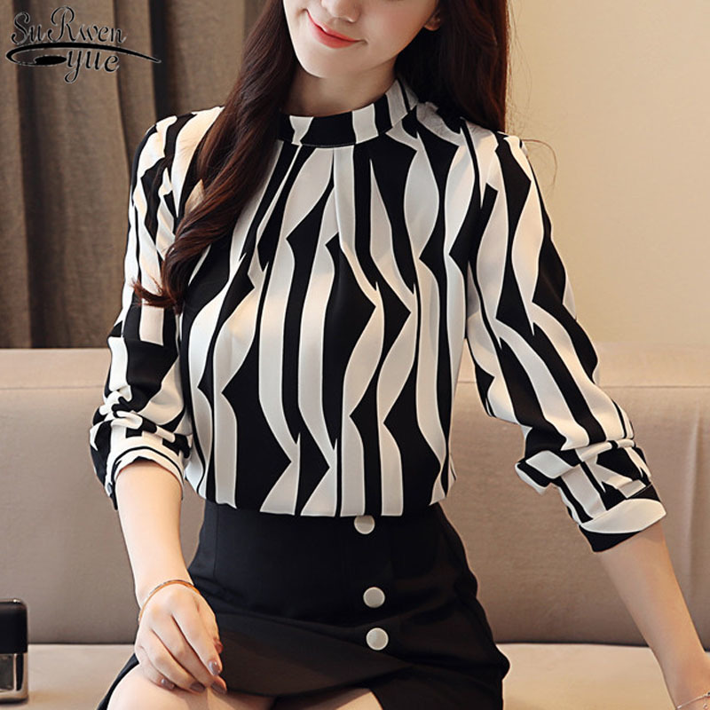 Fashion Women Blouse Long Sleeved Printed Top Stand Collar Blouses Beautiful Slim Fit Office Lady Blusa 0941 40 210427