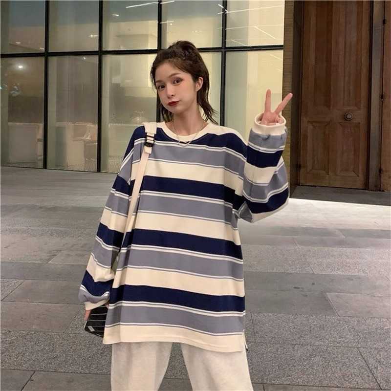 HOUZHOU Hoodies Striped Sweatshirt Streetwear Women Harajuku Oversize Pullover Korean Fashion Couples Matching Long Sleeve Tops 210910