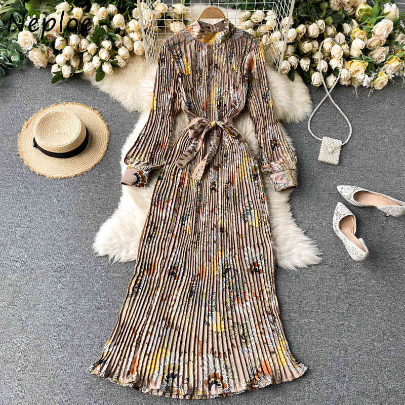 Neploe Vintage Bohemian Holiday Maxi Dress Women High Waist Hip A Line Draped Vestidos O Neck Long Sleeve Print Pleated Dresses 210422