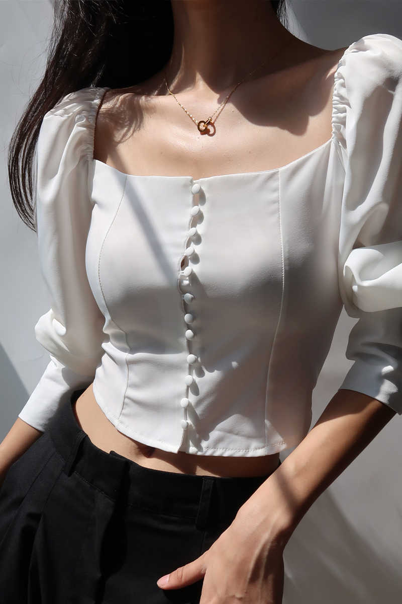 WOMENGAGA French Square Collar Single-breasted Long-sleeved Short Shirt Autumn Puff Sleeve Slim Blouse For Women CJIB 210603