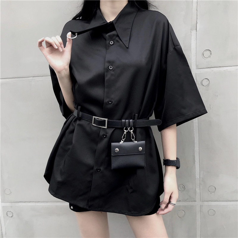 Korean Loose Long Shirt Women Summer Top Black Blouse Harajuku Style Streetwerar Blusas with Belt Wallet 22879 210519