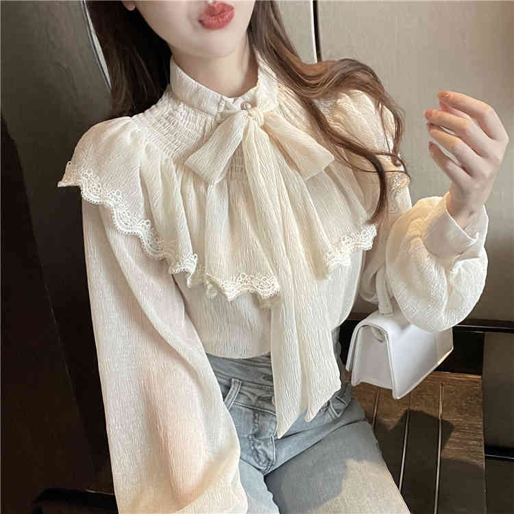Nomikuma Spring Elegant Pleated Blouse Shirt Korean Bow Tie Stand Neck Ruffle Blouse Causal Pullover Blusas Top New 6E482 210427
