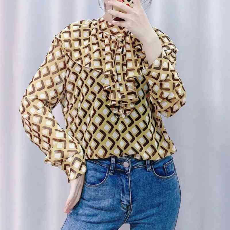 Leisure Women Cascading Ruffle Chiffon Printing Shirt Spring Lady Long Sleeve Blouses Loose Tops S6798 210430