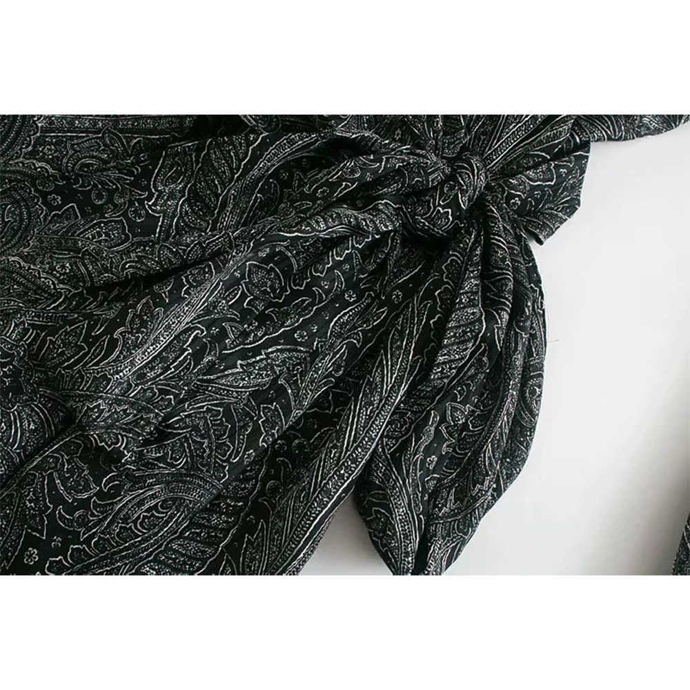 Women Dress Printed Crossover V-neck Long Cuffed Sleeves Wrap-style Belt Long Dress vestidos femme robe 210709