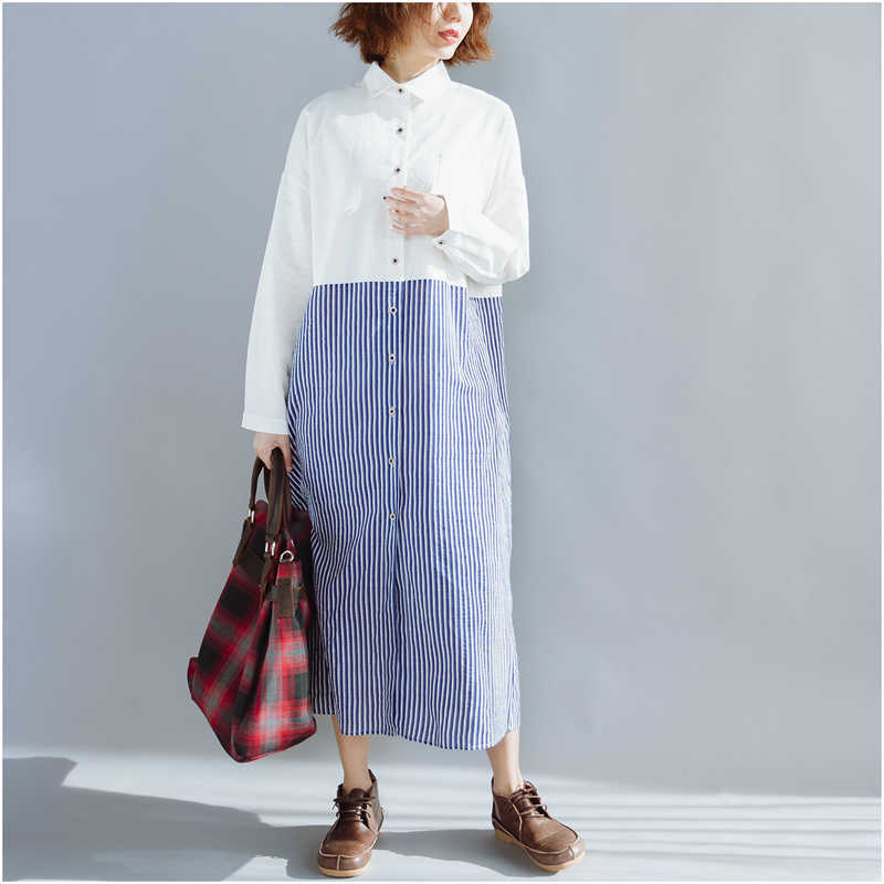 Big Sale Spring and Summer Korea Women Shirts Cotton Linen Casual Long Shirt Dress Patchwork Turn-down Collar 210615