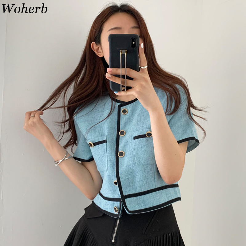Women Jacket Chic Arrival Office Lady Korean Clothes O-neck Single Breasted Coat Contrast Color Thin Short Tops 92992 210519