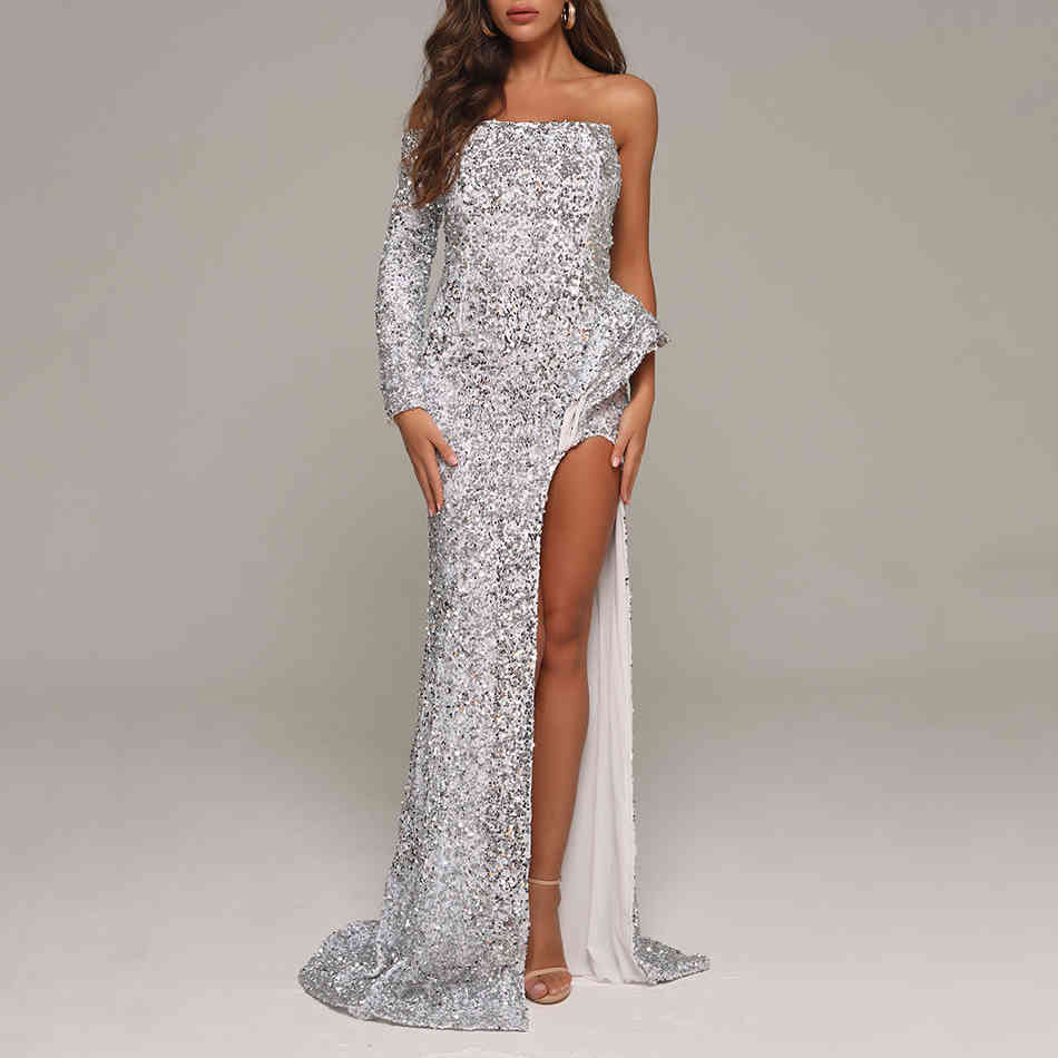 Christmas Fashion Chic Silver Sequins Ruffled Sexy One Shoulder Long Sleeve Split Star Party Club Dress 210525