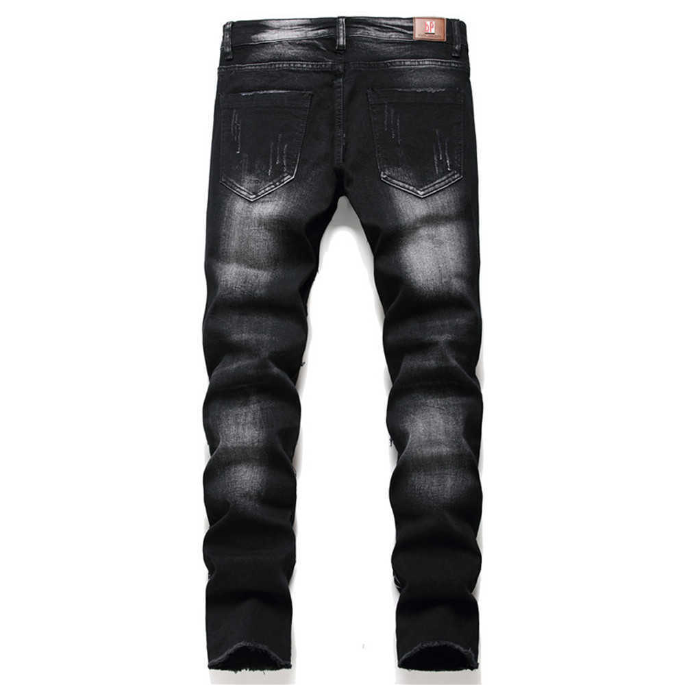 New Style Wash Ripped Jeans Men's Skull-Print Slim Stretch Black Patch Jeans Casual Fashion Personality Trousers X0621