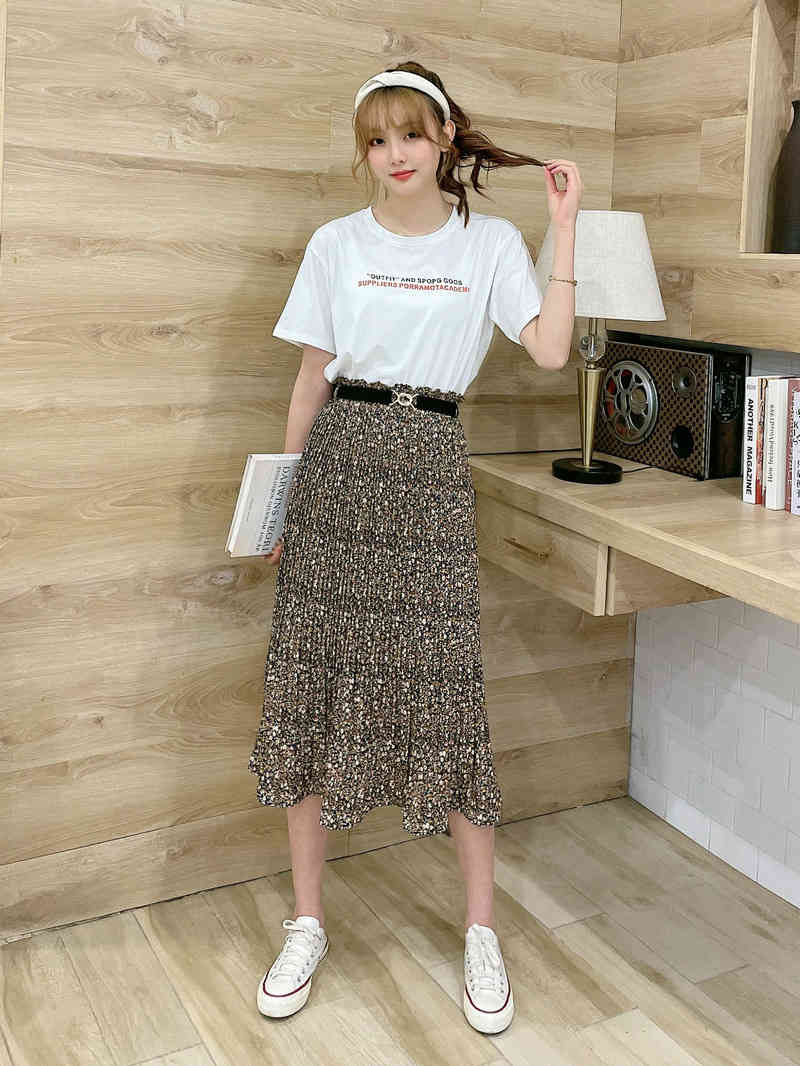 Women floral printed skirts A-line Pleated Long with belt Skirt Femme High Waisted Runway Soft chiffon Skirts Womens Jupe 210524