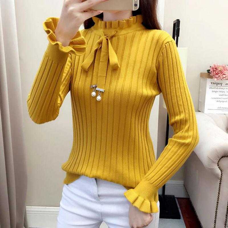 Autumn Winter Sweater Women Slim Elegant Office Wear Lotus Leaf Long Sleeved Pullover Knitted Woman Solid Bow Pearl Sweaters 211018