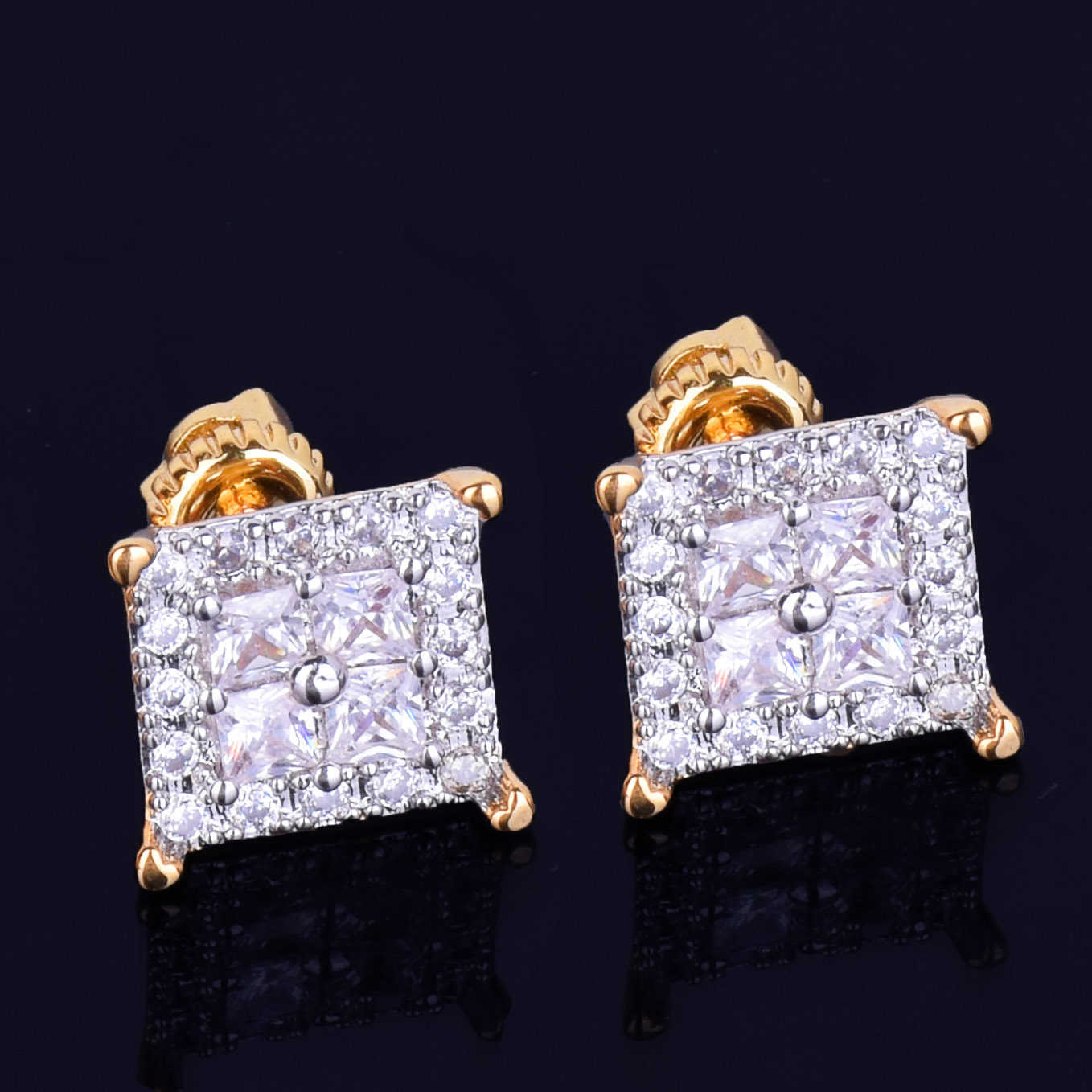 12MM Square Baguette Zircon Stud Earring Silver Color Charm Screw Back Women Men's Earrings Fashion Hip Hop Jewelry 211009